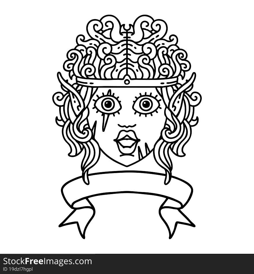 Black and White Tattoo linework Style elf barbarian character face with banner. Black and White Tattoo linework Style elf barbarian character face with banner