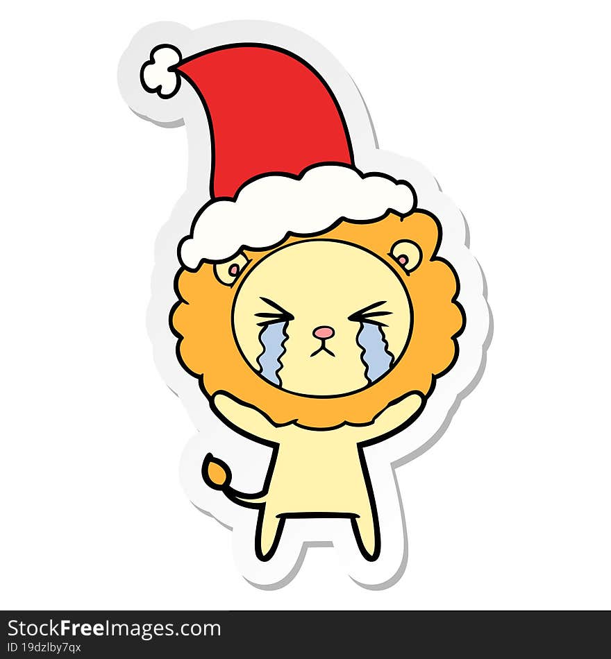 sticker cartoon of a crying lion wearing santa hat