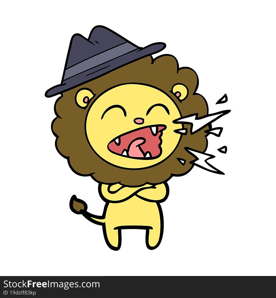 cartoon roaring lion wearing hat. cartoon roaring lion wearing hat