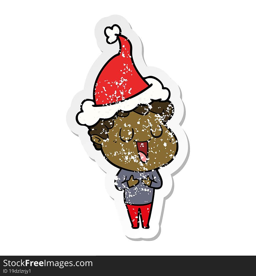 Laughing Distressed Sticker Cartoon Of A Man Wearing Santa Hat