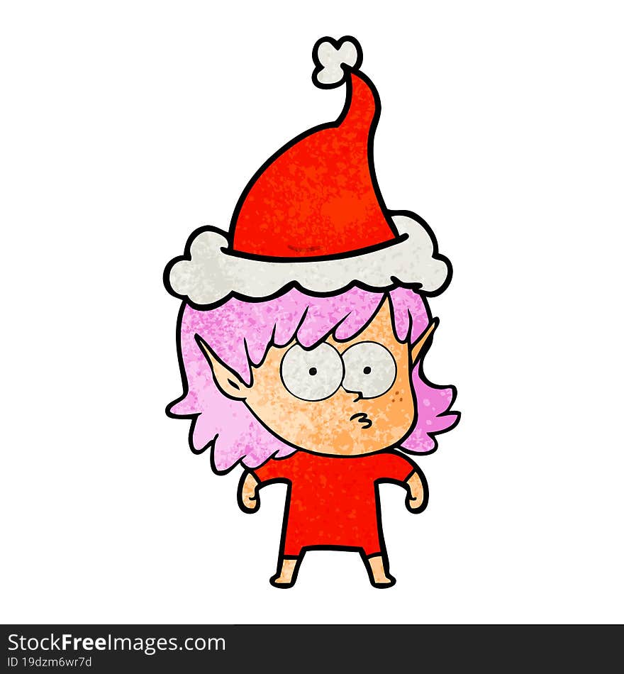 hand drawn textured cartoon of a elf girl staring wearing santa hat