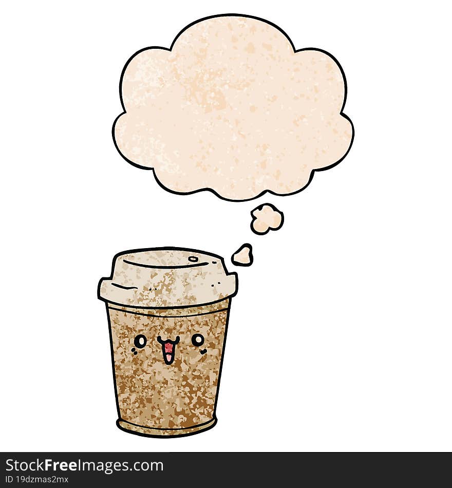 Cartoon Take Out Coffee And Thought Bubble In Grunge Texture Pattern Style