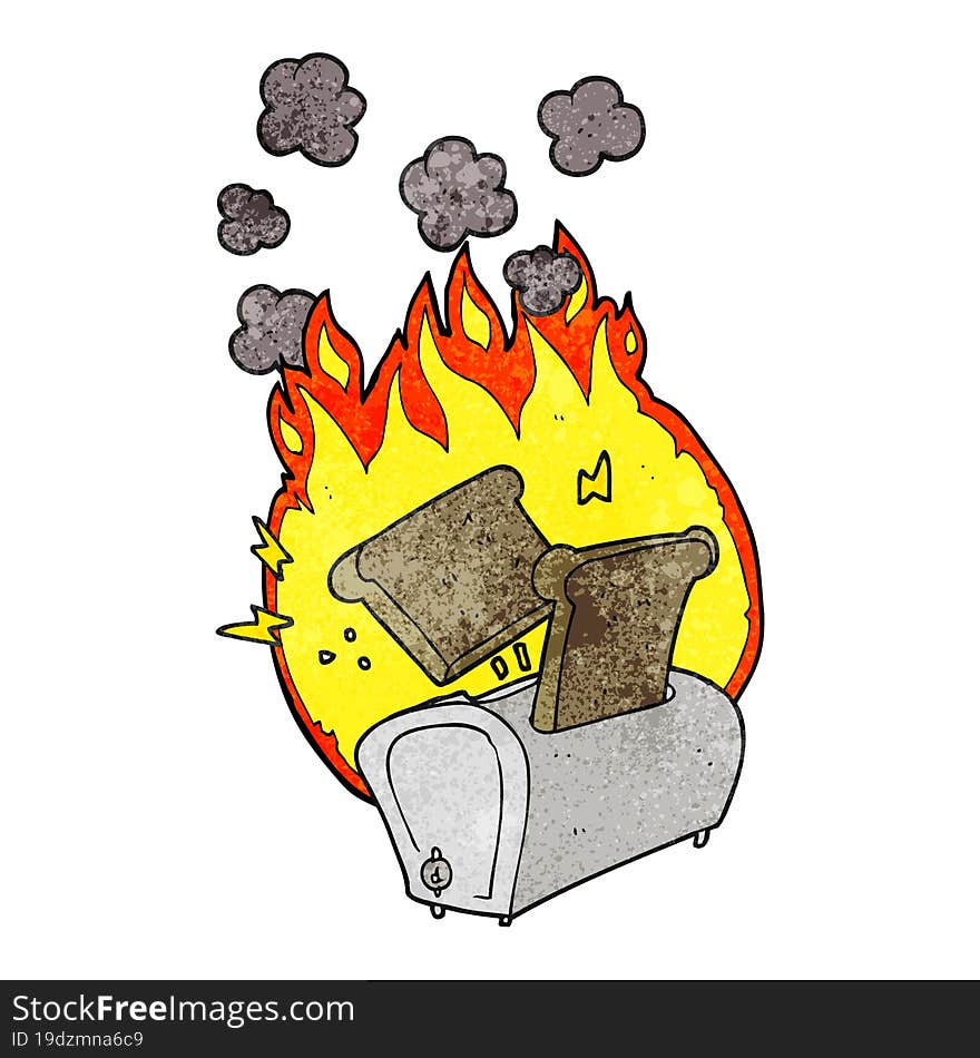 freehand textured cartoon burning toaster