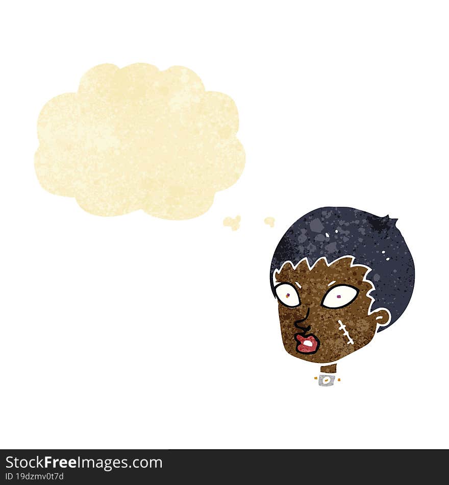 cartoon female zombie head with thought bubble