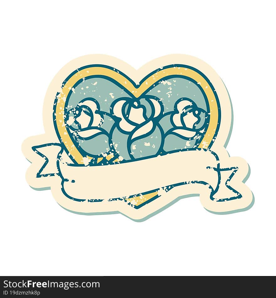 Distressed Sticker Tattoo Style Icon Of A Heart And Banner With Flowers