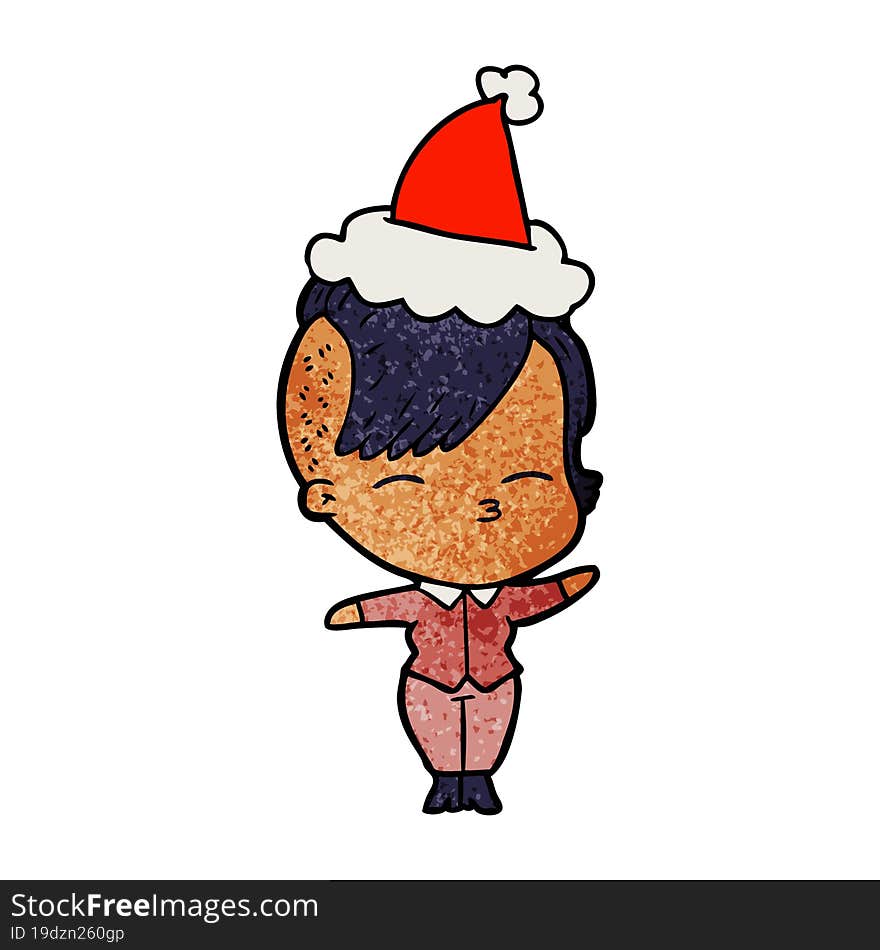 textured cartoon of a squinting girl wearing santa hat