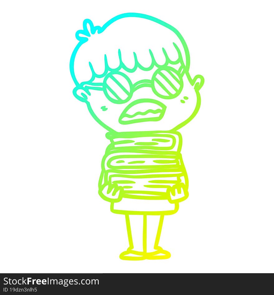 Cold Gradient Line Drawing Cartoon Boy With Books Wearing Spectacles