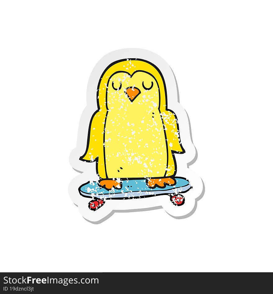 Retro Distressed Sticker Of A Cartoon Bird On Skateboard