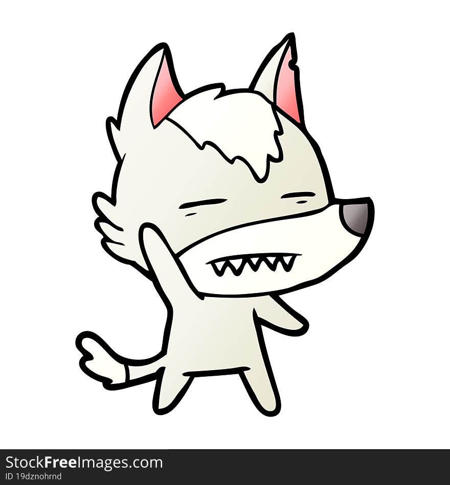 cartoon wolf waving showing teeth. cartoon wolf waving showing teeth