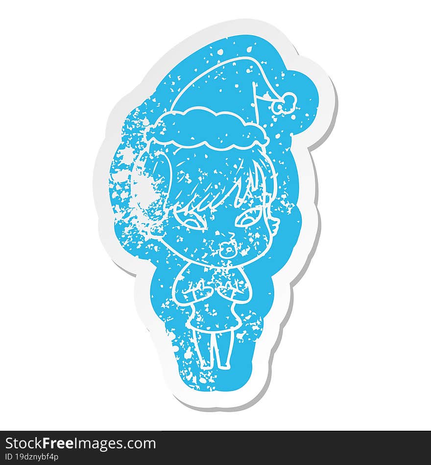 quirky cartoon distressed sticker of a woman wearing santa hat