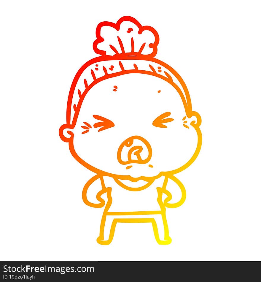 warm gradient line drawing cartoon angry old woman