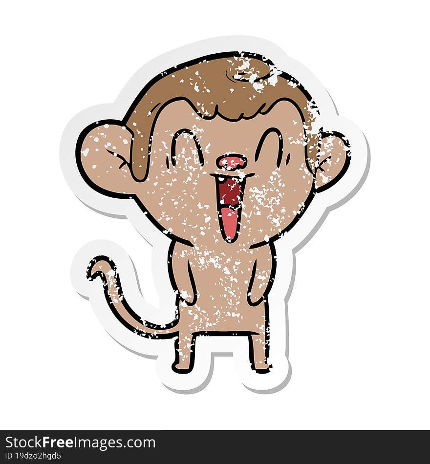 distressed sticker of a cartoon laughing monkey