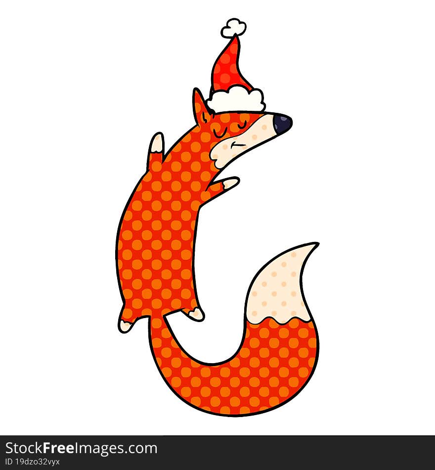 comic book style illustration of a jumping fox wearing santa hat