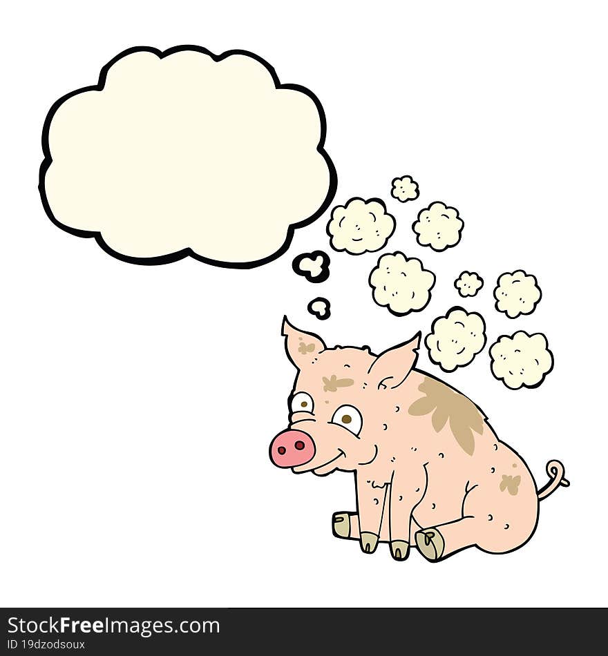 cartoon smelly pig with thought bubble