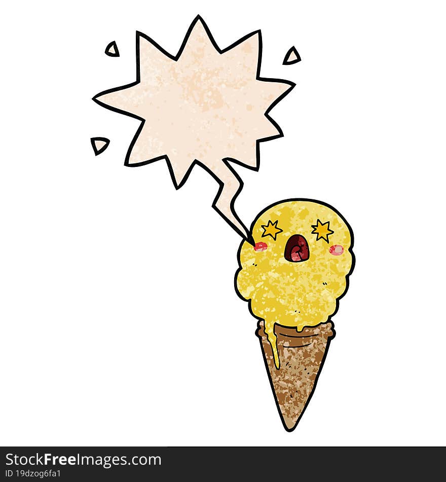 cartoon shocked ice cream with speech bubble in retro texture style