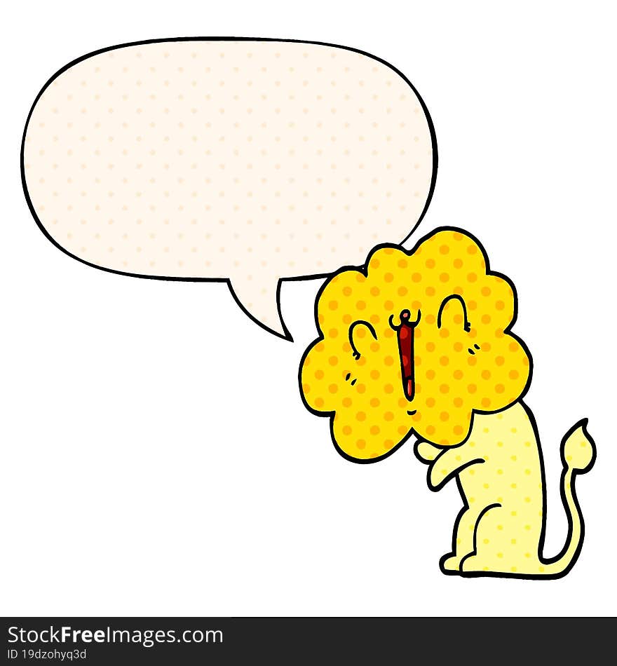 Cute Cartoon Lion And Speech Bubble In Comic Book Style