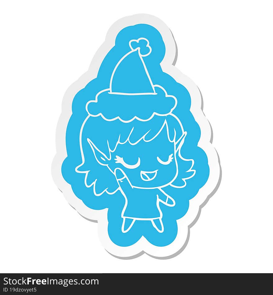 happy cartoon  sticker of a elf girl wearing santa hat