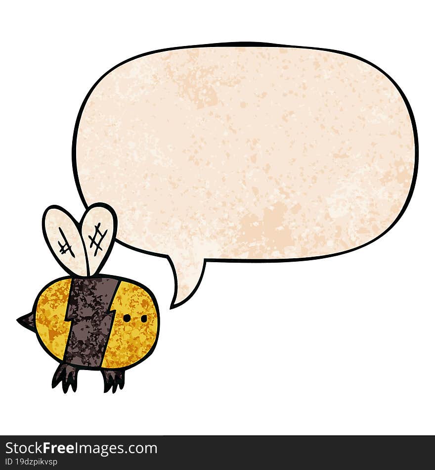 cartoon bee and speech bubble in retro texture style