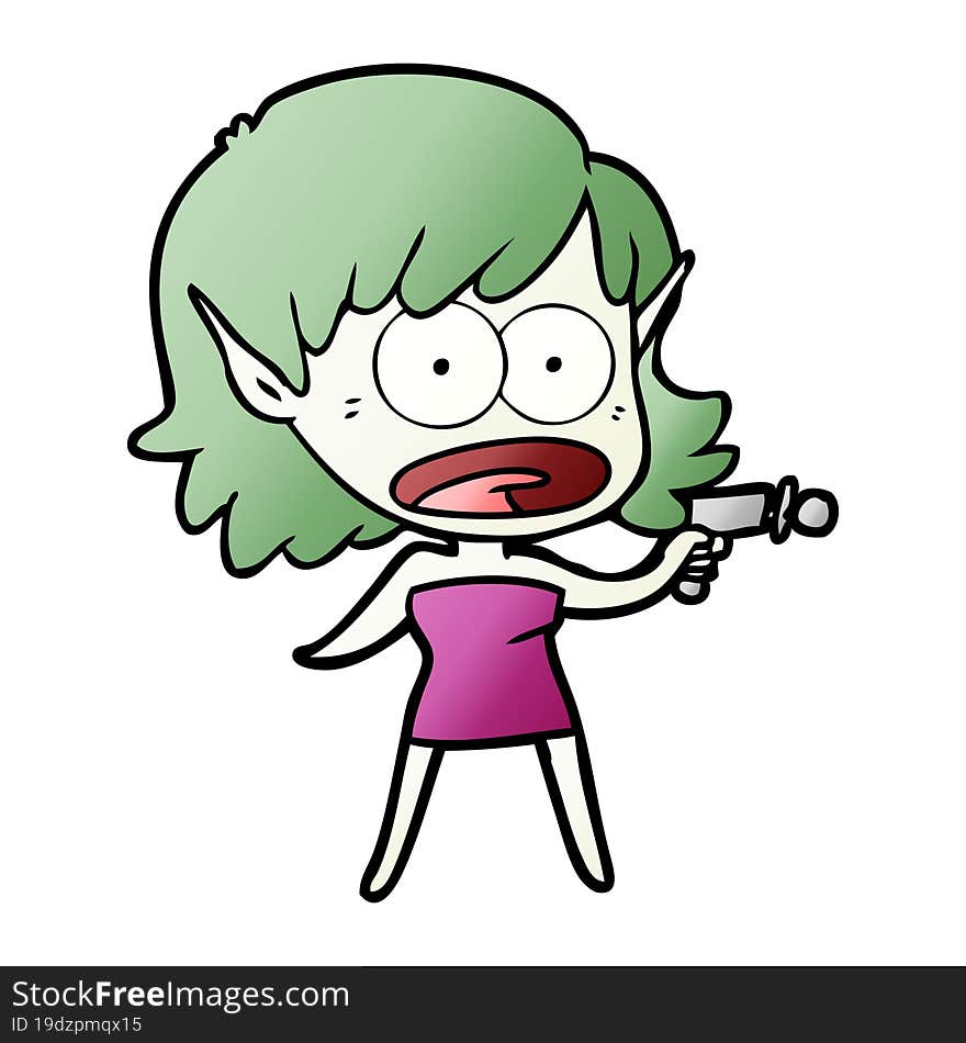 cartoon shocked alien girl with ray gun. cartoon shocked alien girl with ray gun