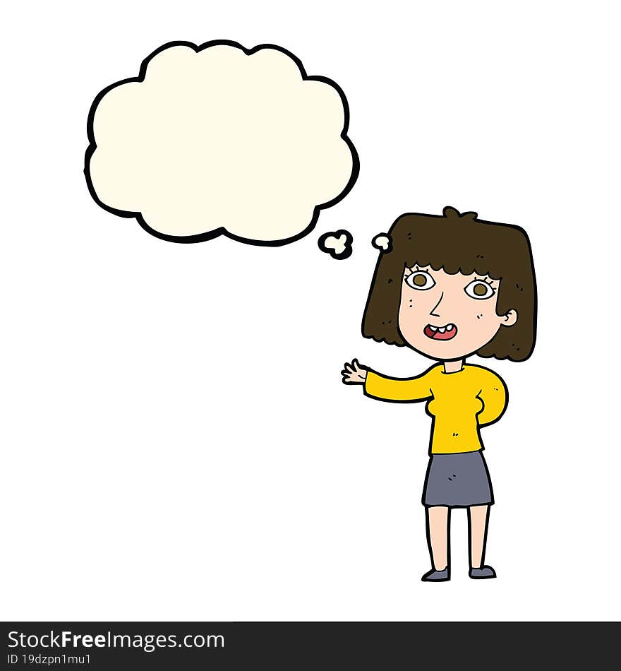 cartoon friendly woman waving with thought bubble