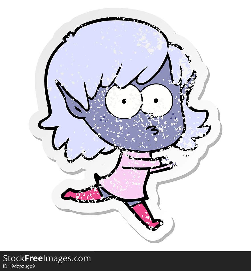 distressed sticker of a cartoon elf girl staring