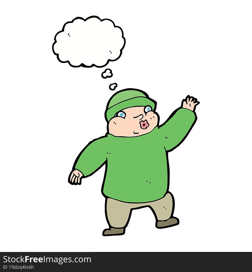 cartoon man in hat waving with thought bubble