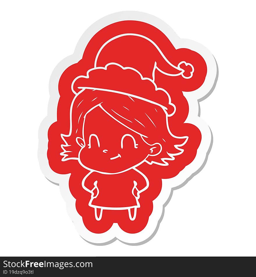 Cartoon  Sticker Of A Friendly Girl Wearing Santa Hat