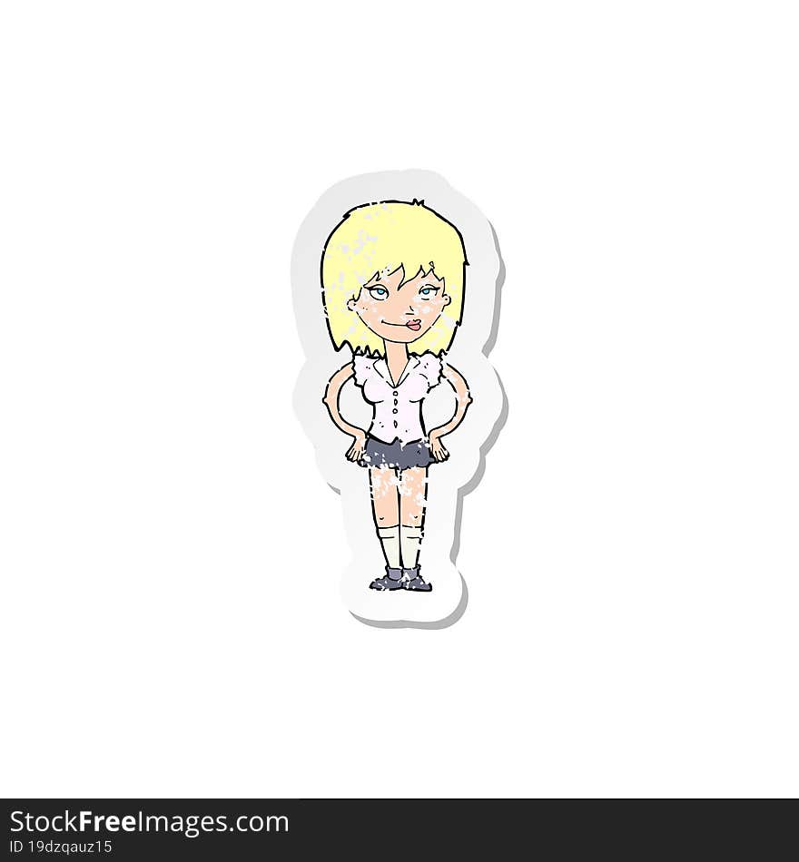 retro distressed sticker of a cartoon woman with hands on hips