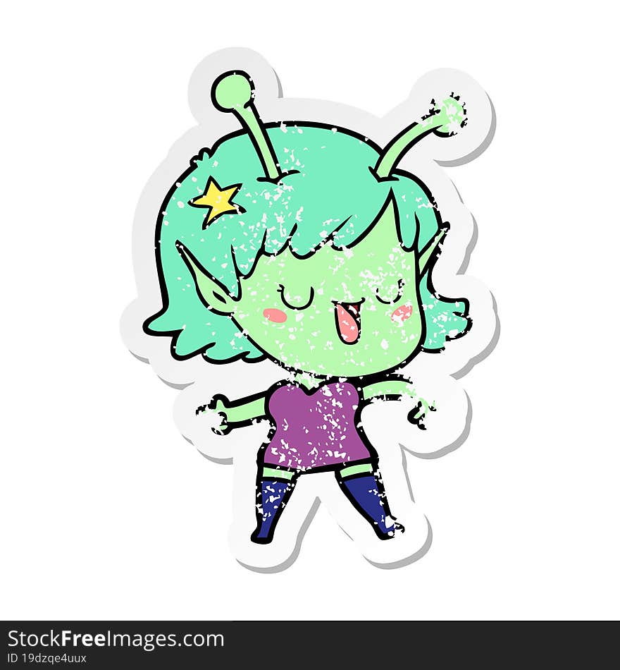 distressed sticker of a happy alien girl cartoon