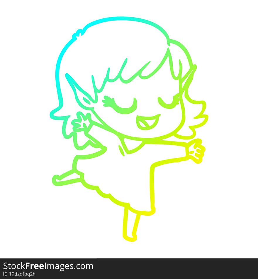 cold gradient line drawing of a happy cartoon elf girl