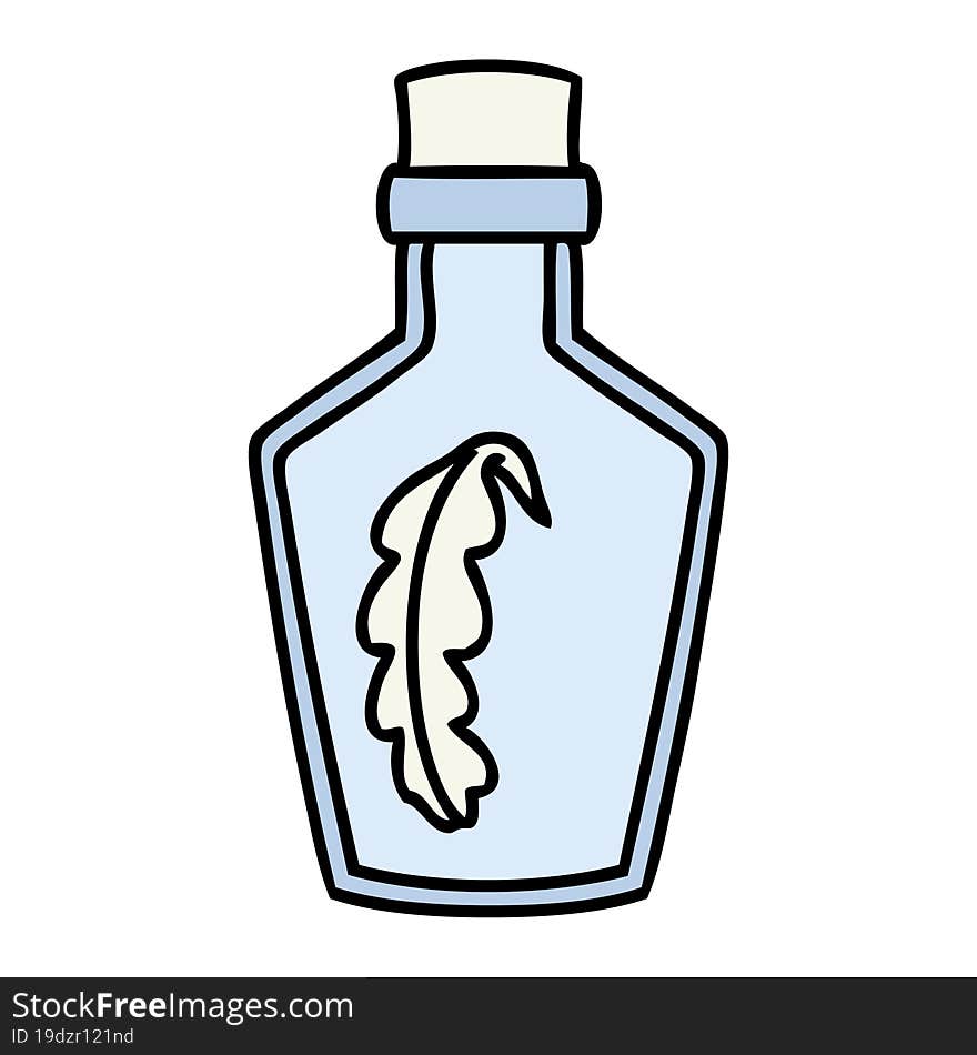 cartoon of a magical feather sealed in a glass bottle. cartoon of a magical feather sealed in a glass bottle