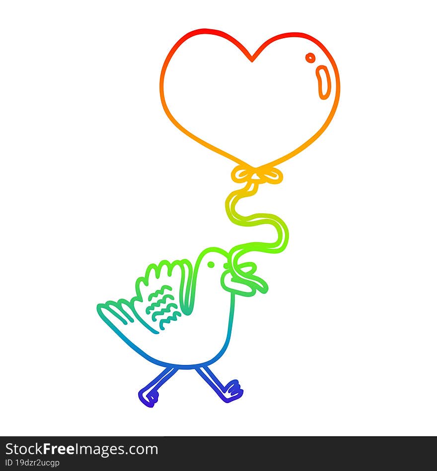 rainbow gradient line drawing cartoon bird with heart balloon