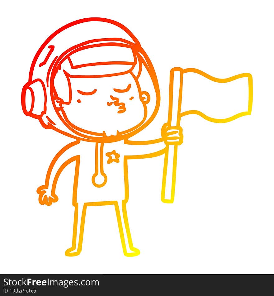 Warm Gradient Line Drawing Cartoon Confident Astronaut Waving Flag