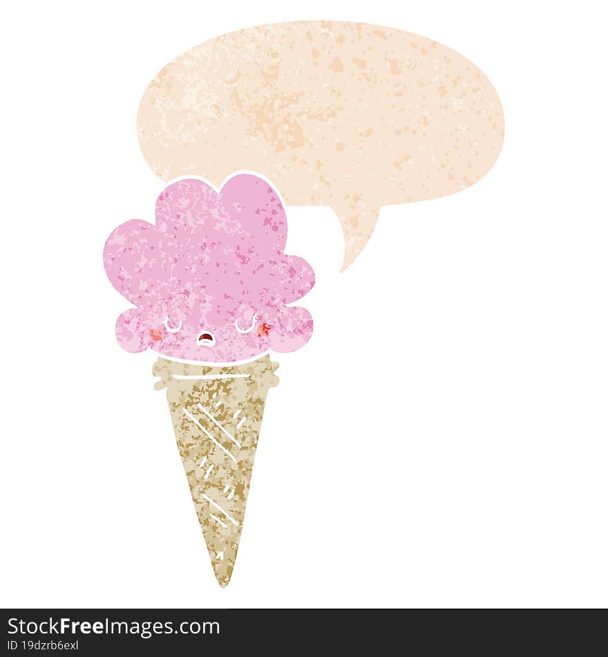 Cartoon Ice Cream With Face And Speech Bubble In Retro Textured Style