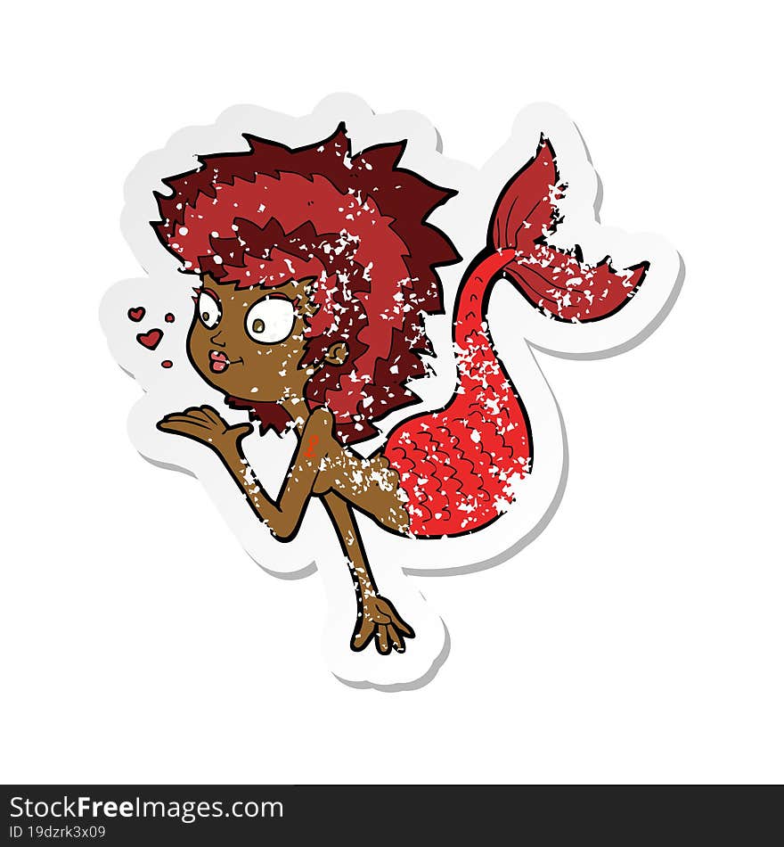 retro distressed sticker of a cartoon mermaid blowing a kiss