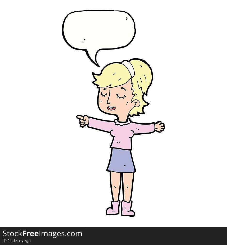 cartoon happy woman pointing with speech bubble