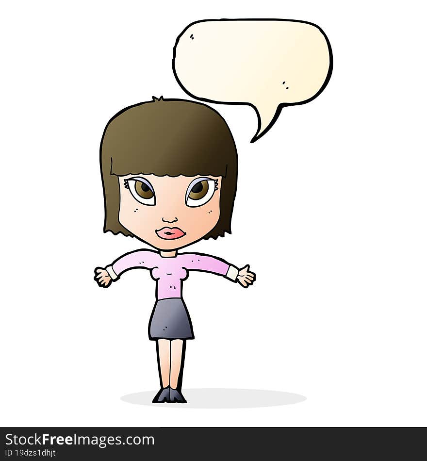 cartoon woman shrugging with speech bubble