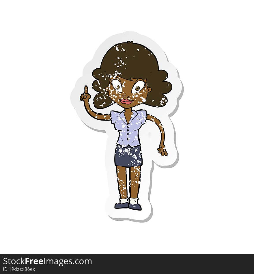 Retro Distressed Sticker Of A Cartoon Happy Woman With Idea