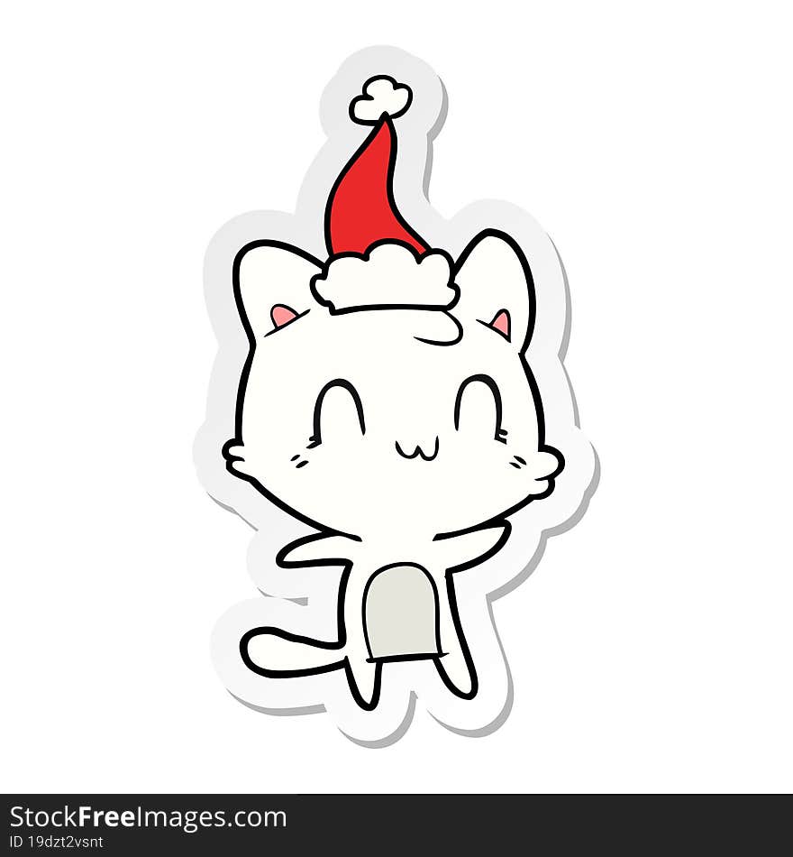 Sticker Cartoon Of A Happy Cat Wearing Santa Hat