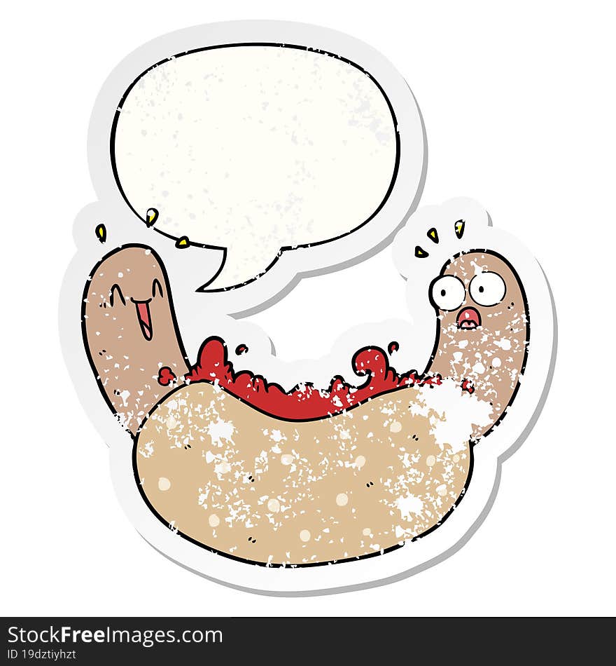 cartoon hotdog with speech bubble distressed distressed old sticker. cartoon hotdog with speech bubble distressed distressed old sticker