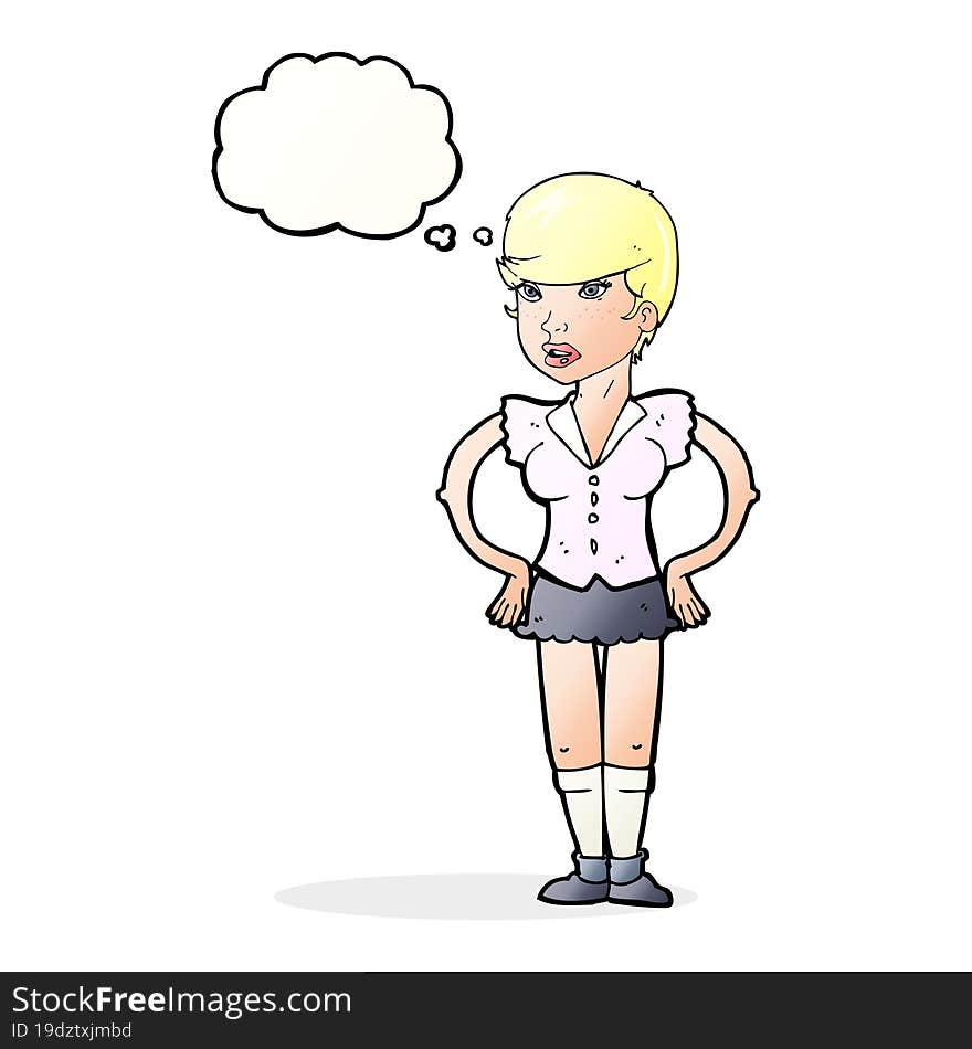 cartoon woman with hands on hips with thought bubble