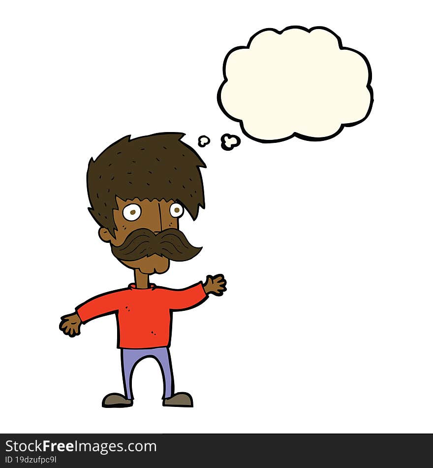 cartoon man with mustache waving with thought bubble