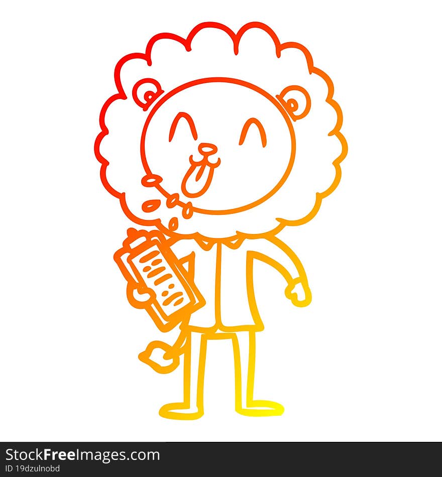 warm gradient line drawing of a happy cartoon lion