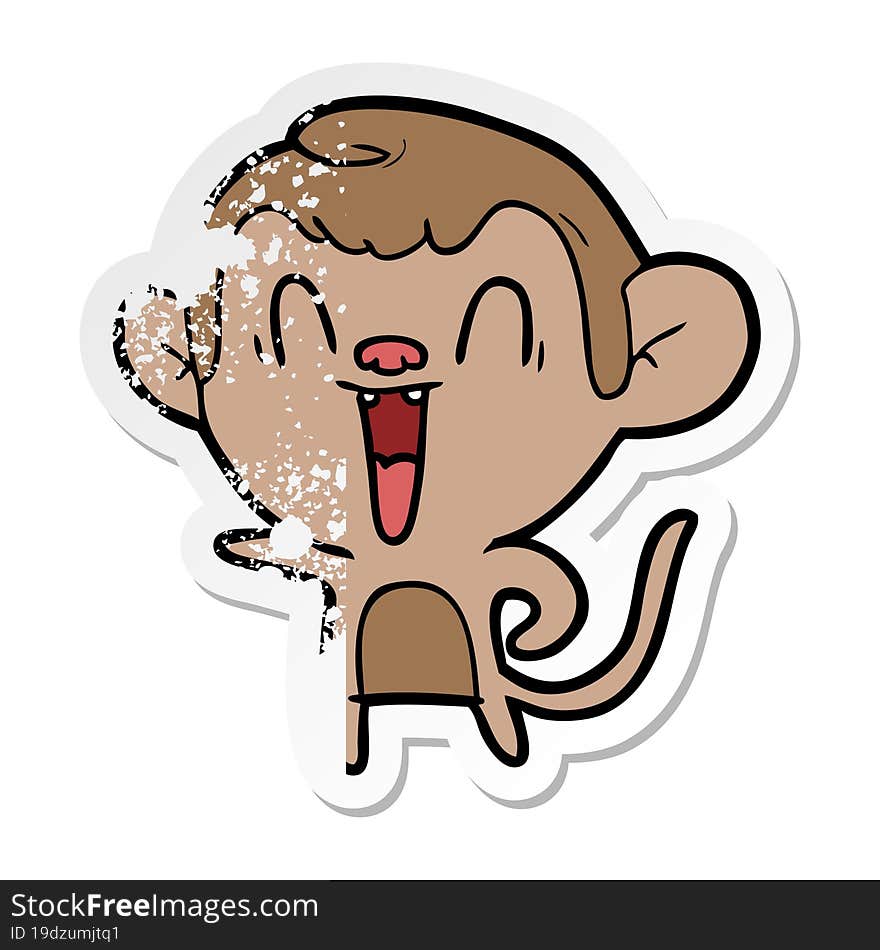 distressed sticker of a cartoon laughing monkey