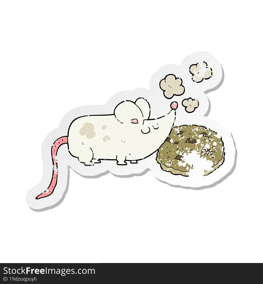 retro distressed sticker of a cute cartoon mouse and cookie