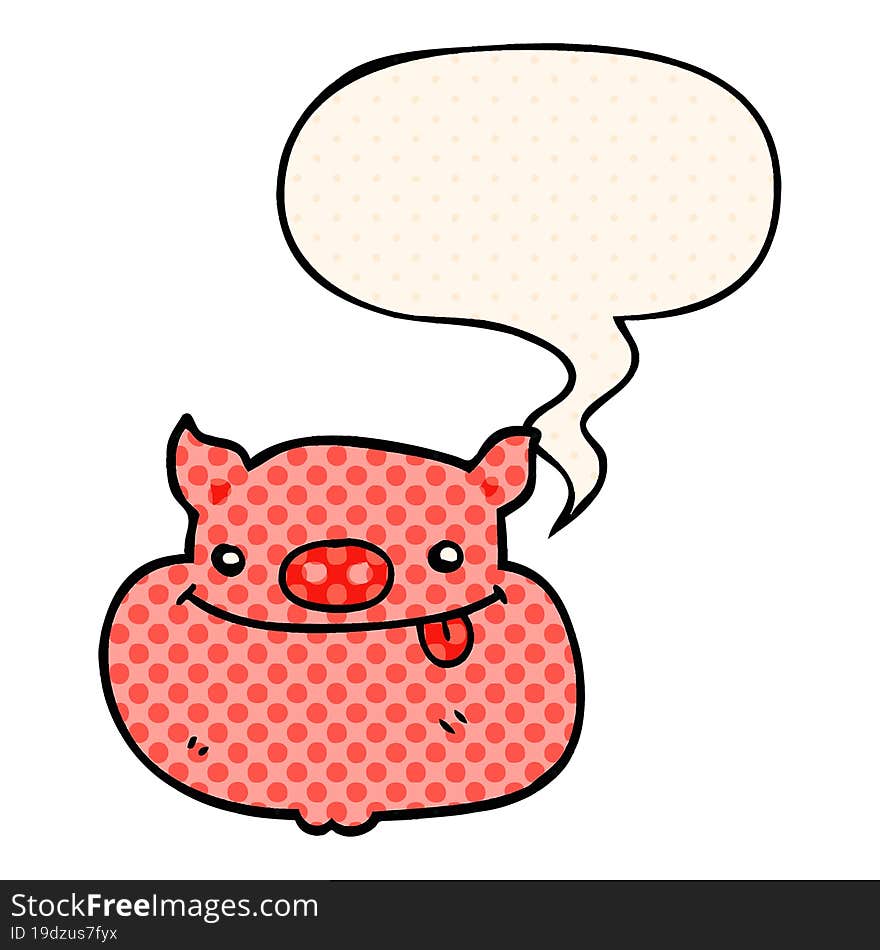 cartoon happy pig face with speech bubble in comic book style