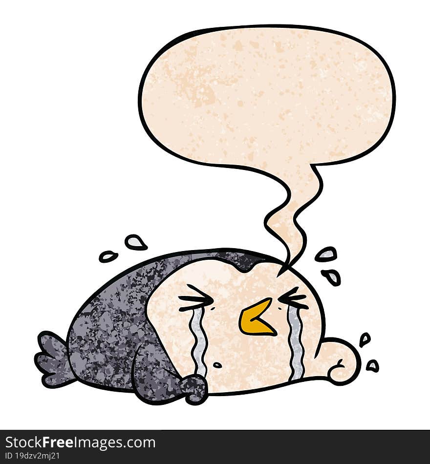 cartoon crying penguin and speech bubble in retro texture style