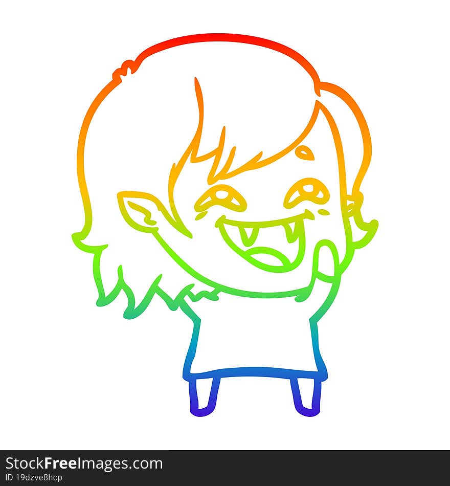 rainbow gradient line drawing of a cartoon laughing vampire girl