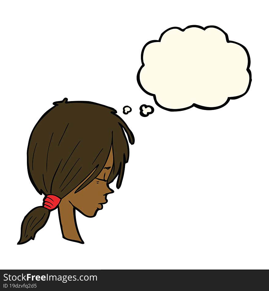 cartoon girl looking thoughtful with thought bubble