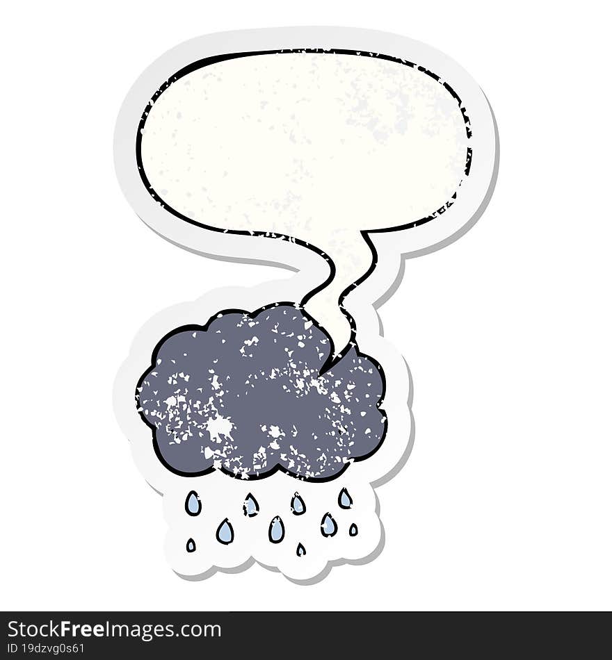 cartoon cloud raining and speech bubble distressed sticker